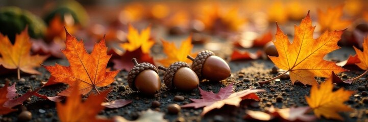 Close-up of oak leaves & acorns, autumn colors, outdoor, nature, picture