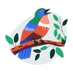 Chirping bird sitting on a branch, flat illustration