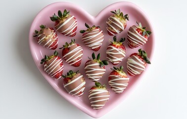 A pink heart-shaped plate with chocolate-covered strawberries