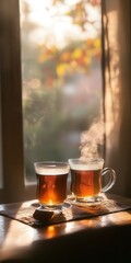 two glasses of Turkish tea on a table, steam rising from the cups as sunlight fills the room through the window.