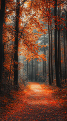 Obraz premium Autumn forest path with vibrant orange leaves