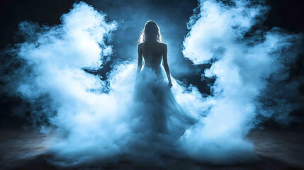 Obraz premium Mysterious woman in flowing gown emerges from ethereal blue smoke, a captivating silhouette against a dark background.