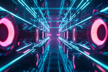 A high-tech 3D music background featuring an infinite corridor of floating, holographic speakers. Each speaker pulses with synchronized neon sound waves, creating an abstract, immersive visualization