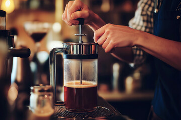A barista's hands pressing down the filter on a French press, with a blurred cafe background, warm tones.