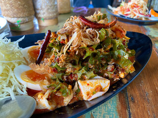 Yum Tuapu, Thai spicy angel bean salad with soft boiled eggs