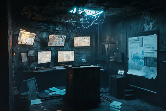 A dystopian resistance hideout 3D background featuring a rugged, makeshift podium surrounded by flickering monitors. The dimly lit underground base is filled with maps, blueprints, and scattered