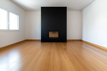 Modern minimalist style, a black wall with a fireplace in the middle of an open-plan living room and dining area, a wooden floor, and natural light from a window on the left side