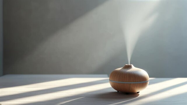 On a bright morning, wooden aroma diffuser releases fragrant mist, creating calming and peaceful atmosphere in the room, copy space