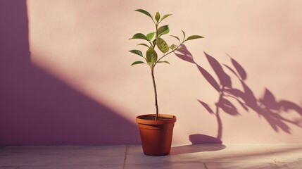 Fototapeta premium A single tea plant with glossy leaves in a terracotta pot, softly lit against a lavender background
