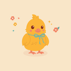 A cute yellow chick with a blue bow, surrounded by flowers and decorative elements. A charming spring illustration, perfect for greeting cards, design, and holiday materials.