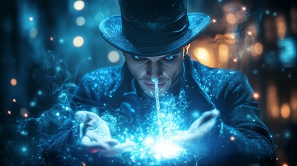 A magician in a top hat making a glowing fountain of magic appear 