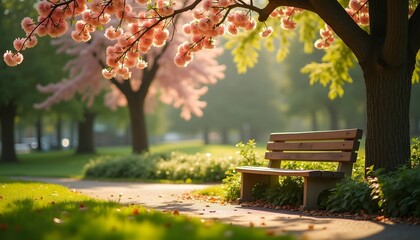 Obraz premium Park bench under blooming cherry trees in spring