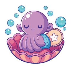 Cute Octopus in Shell with Bubbles