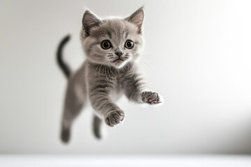 Playful gray kitten leaping in mid-air against a white background