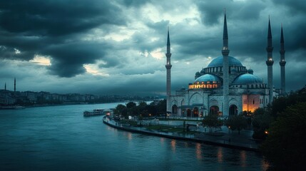 Naklejka premium Majestic Mosque by the Bosphorus at Dusk