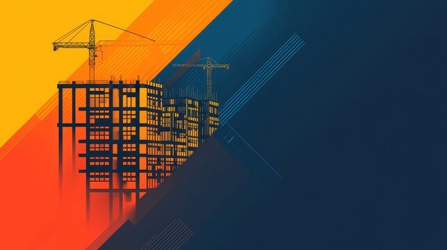 A construction icon, a bold silhouette of a building under construction, against a vibrant, dynamic backdrop, hinting at the arrival of something new and exciting.