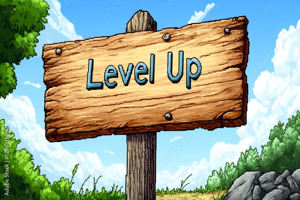 Aufkleber Pixel art game style: A billboard with the text 