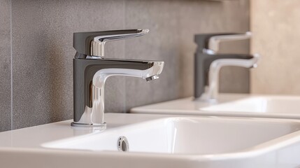 Modern bathroom sinks with sleek chrome faucets, set against a neutral tiled wall, showcasing a minimalist design.