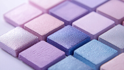 Fototapeta premium Soft pastel colors, light cream background with an elegantly arranged eyeshadow palette in shades of purple, blue, and pink, highlighting the delicate blending, side view emphasizing smooth gradients.
