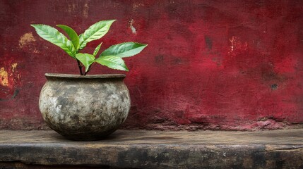 A strong tea plant in a rough-textured pot, positioned against a rich maroon backdrop