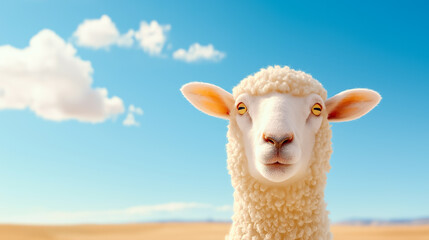 Fototapeta premium Portrait of a Fluffy Sheep with Blue Sky