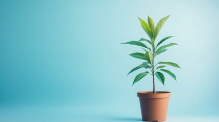 Fototapeta premium A stylishly potted tea plant, positioned elegantly against a light blue gradient background