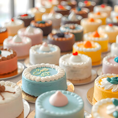 Many cakes are placed on the table next to each other, each cake has a different color and different decoration.