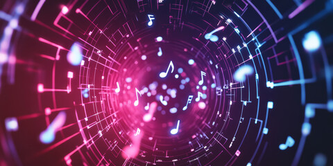 A futuristic 3D background featuring an endless neon tunnel of sound waves, dynamically pulsing in sync with invisible beats. Abstract, glowing musical notes float through the digital space, creating