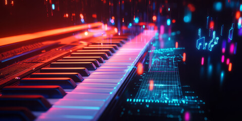 A breathtaking 3D abstract background featuring a glowing neon piano with floating keys dynamically lighting up as if played by an invisible force. Pulsating sound waves create a mesmerizing
