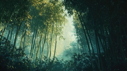 A tranquil bamboo forest with tall, vibrant green stalks glowing softly under the dappled sunlight streaming through the canopy
