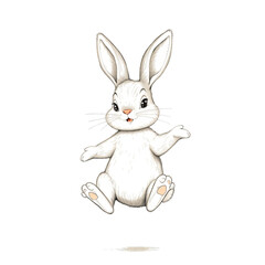 Obraz premium A cartoon rabbit drawn in pencil with its paws pointing in different directions. It has big ears and playful, cheerful expression on face, against a plain background. Lighthearted and whimsical tone