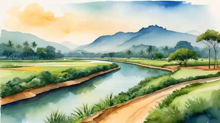 Fototapeta premium An uncomplicated watercolor illustration showcasing a renowned Tamil Nadu landscape for Tamil Nadu Day