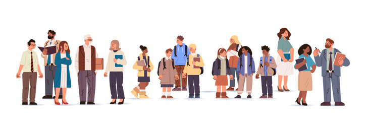 Obraz premium mix race teachers and students group with books standing together education day concept full length horizontal