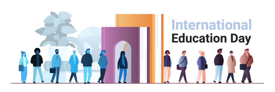 students group enters room through door international education day concept full length horizontal