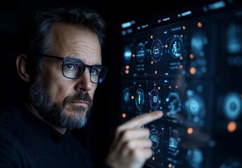 A businessman focusedly touches a virtual screen of a team group with his finger, surrounded by a blurred background, ideal for a human resources setting