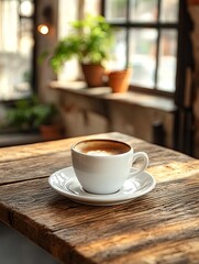 Fototapeta premium A cup of coffee on a warm wooden table in a warm atmosphere