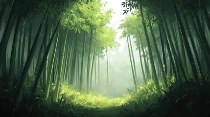 Obraz premium A peaceful bamboo forest with tall green stalks forming vertical lines that stretch gracefully into the open sky