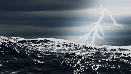 Relampago y tormenta en un mar agitado