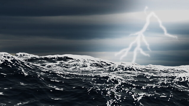 Relampago y tormenta en un mar agitado
