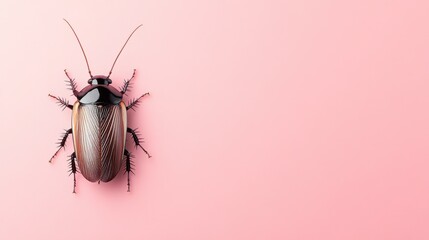 Cockroach with a shiny brown shell on a pastel pink background