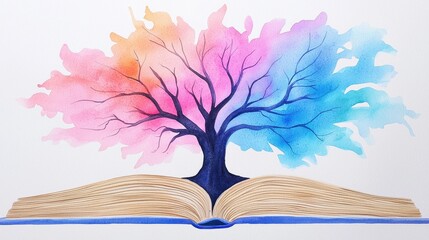 Vibrant Watercolor Tree Emerging from Open Book with Colorful Leaves
