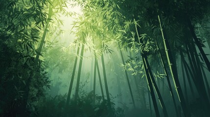 Obraz premium A serene and lush bamboo forest with tall stalks glowing vibrant green, reaching skyward into the soft light of day