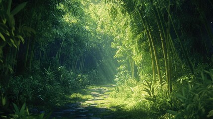 Obraz premium A serene and tranquil bamboo forest with tall, vibrant stalks glowing under soft sunlight, creating a natural green sanctuary
