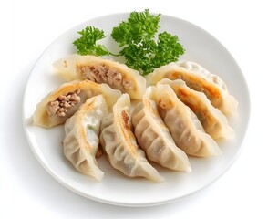 Gyoza, dumplings or pot stickers with ground meat and vegetables on a white plate, isolated on a white background, Generative AI
