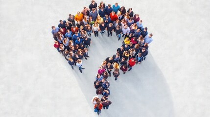 A diverse group of individuals stands shoulder to shoulder, their bodies forming the shape of an intriguing question mark. This ensemble represents employees from various backgrounds, unified in