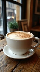 Fototapeta premium A cup of coffee on a warm wooden table in a warm atmosphere