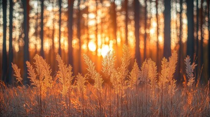Sunset forest grass autumn nature background