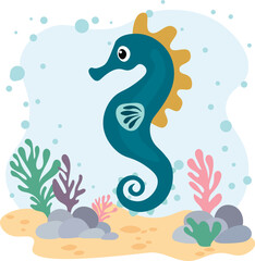 Cute seahorse on the background of the sea. Postcard, sticker. Children's educational material