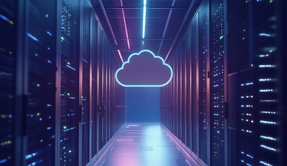 Cloud Computing Data Center Server Room: Neon Lights and Servers