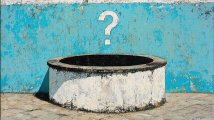 Fototapeta premium Mysterious Well with Question Mark on Vibrant Blue Background